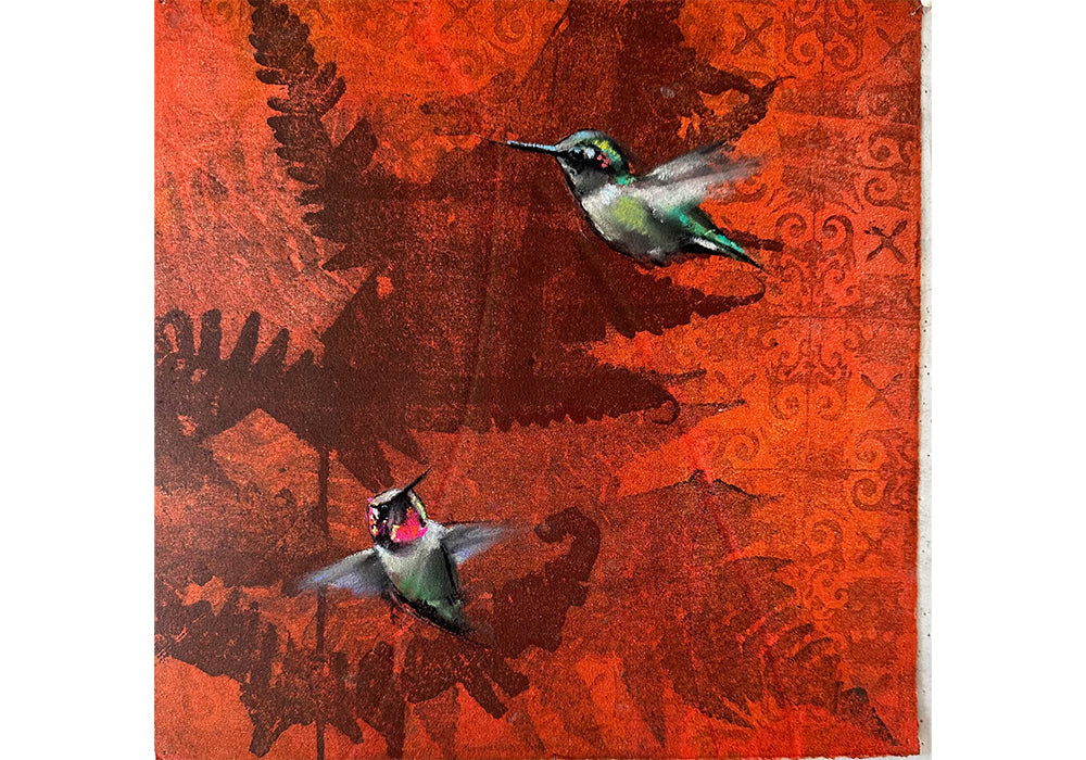 Fowl Play • Sylvia Gonzalez | Hummingbirds on Red Ferns
